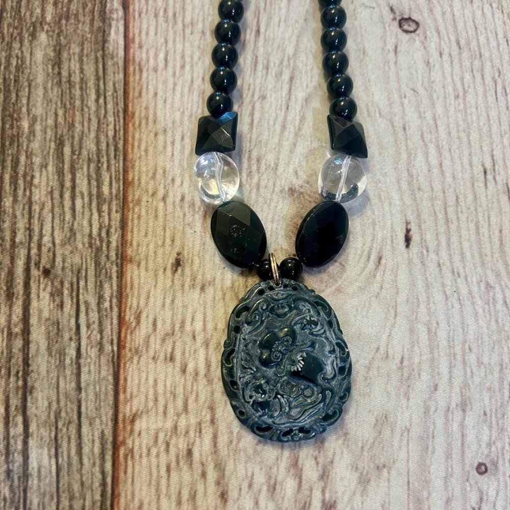 Onyx and Quartz Beaded Necklace with Carved Pendant